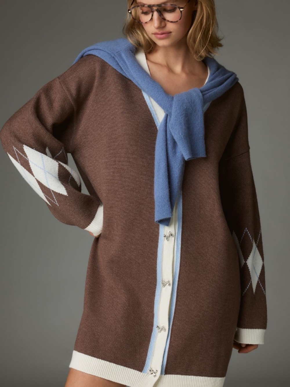 Anthropologie Brown Knit Cardigan Dress with Ivory Trim and Sky Blue Accent